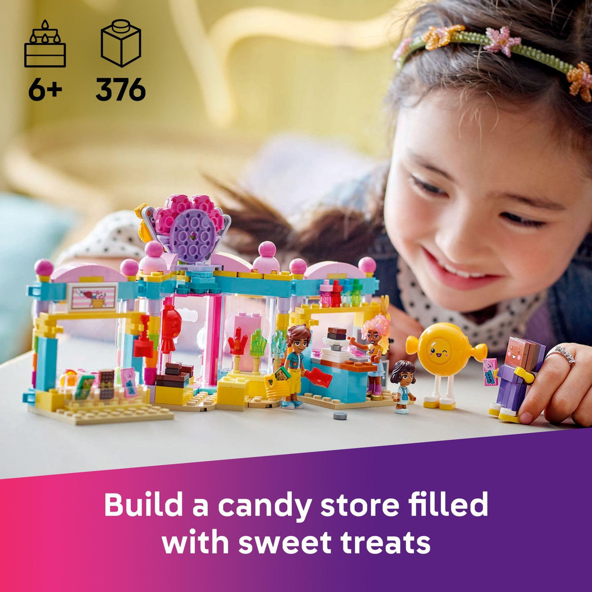 LEGO Friends candy store interior features a colorful counter for pretend shopping.