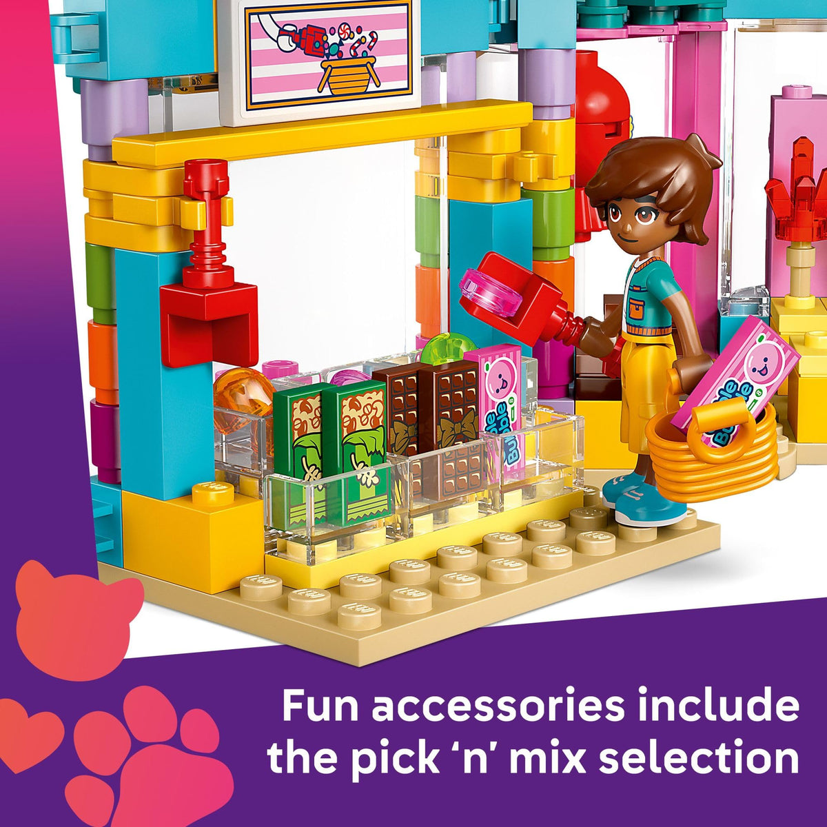 LEGO Friends Heartlake City Candy Store minidolls ready for customer role play adventures.