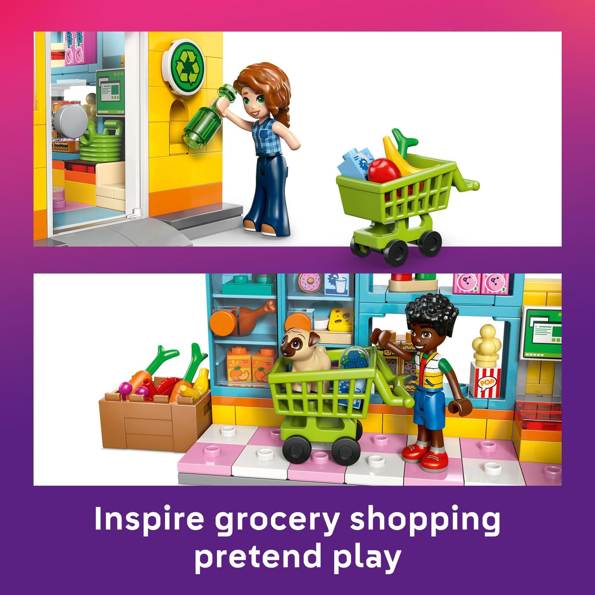 Cash register and recycling point add realistic play moments.