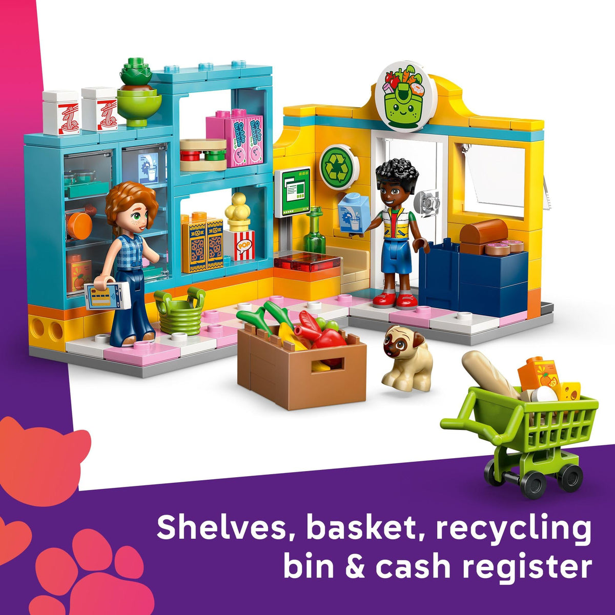 Grocery shelves and baskets invite kids to stock, shop, and role-play.