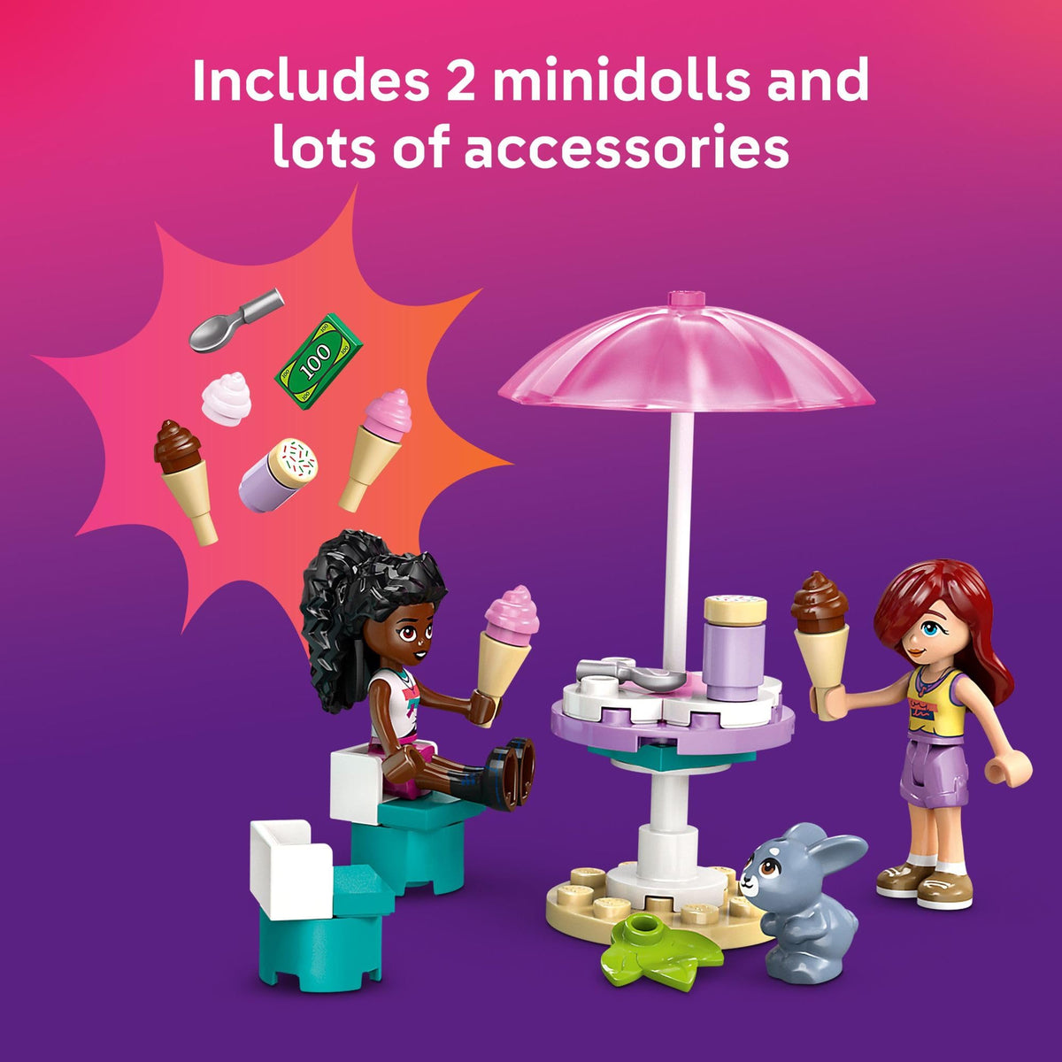 LEGO Friends Heartlake City Ice Cream Truck bunny figure enhances friendly playtime.