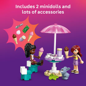 LEGO Friends Heartlake City Ice Cream Truck bunny figure enhances friendly playtime.