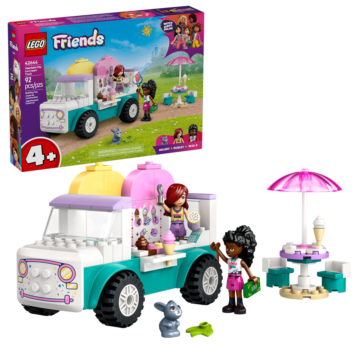 LEGO Friends Heartlake City Ice Cream Truck with ice cream cart for imaginative play.