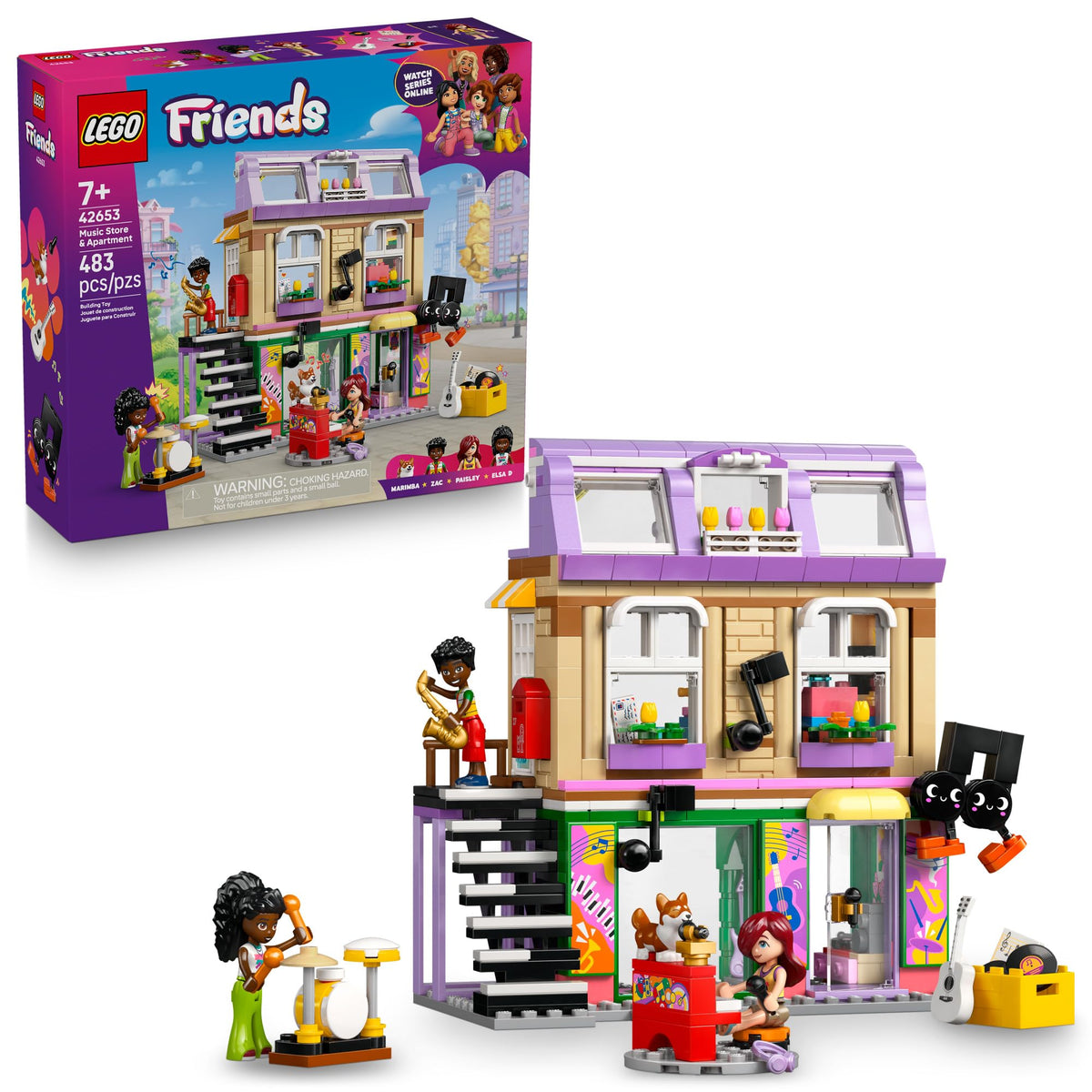 LEGO Friends Music Store & Apartment front view inspires imaginative music-themed storytelling.