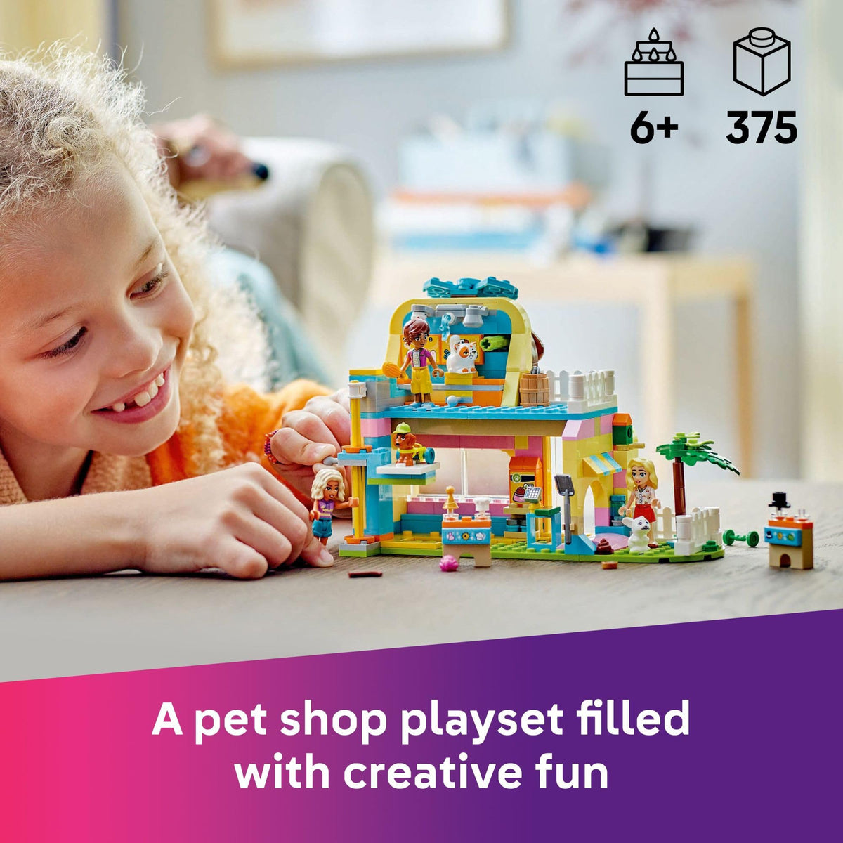 LEGO Friends elevator and grooming area highlighting pampering play for pets.