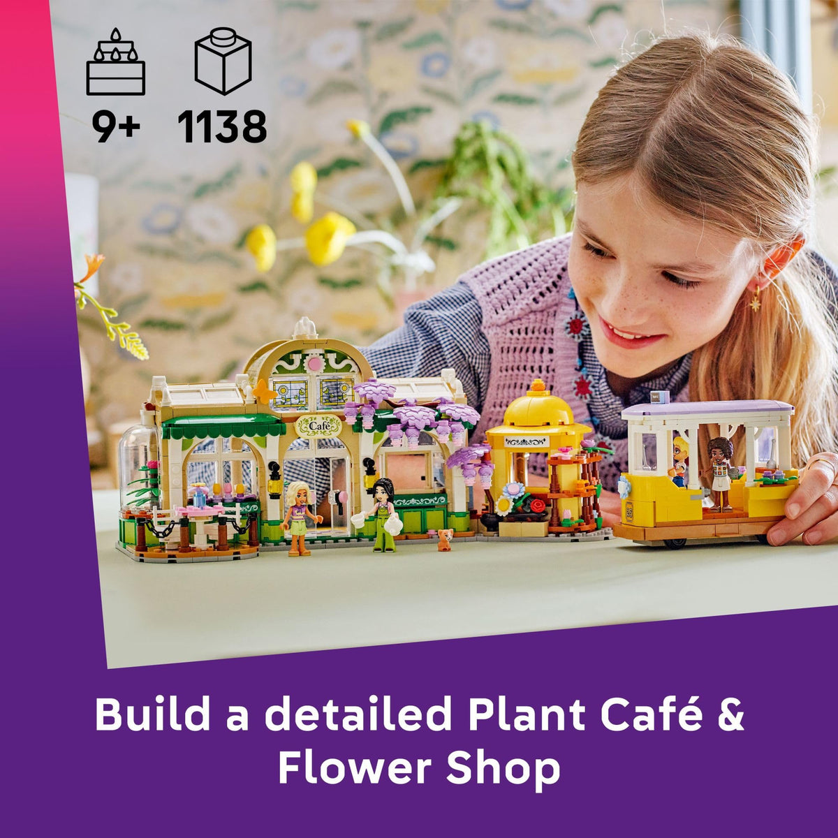 LEGO Friends Plant Café & Flower Shop coffee machine detail sparks pretend café service.