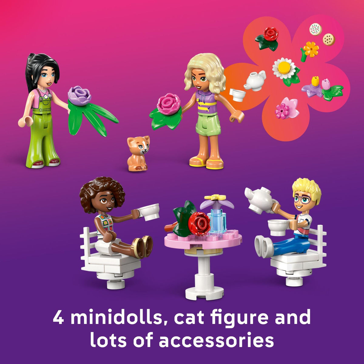 LEGO Friends Plant Café & Flower Shop minidolls enrich daily roleplay adventures.