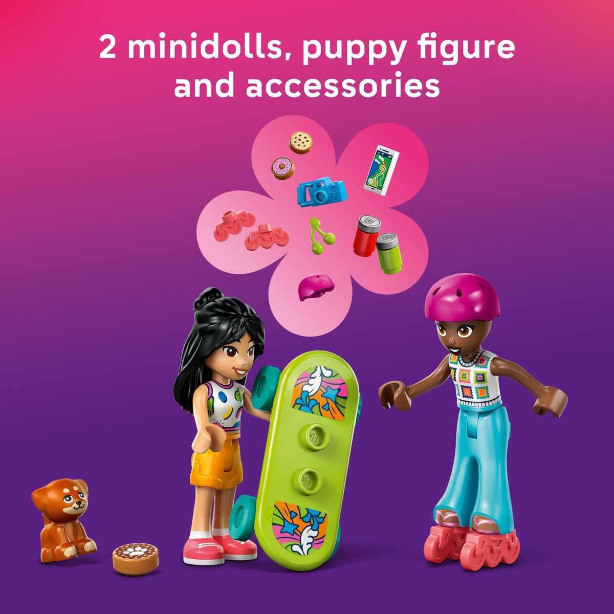 LEGO Friends puppy Aira figure in car enhances storytelling with a furry companion.