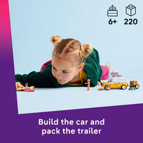 LEGO Friends road-trip car trailer loaded with gear sparks outdoor pretend play.