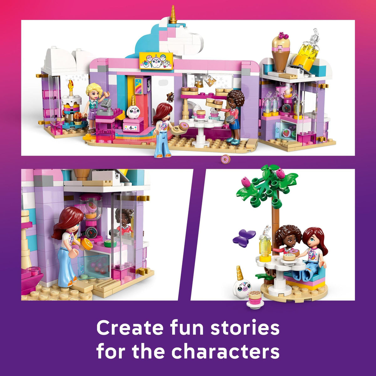LEGO Friends Unicorn Dream Café indoor outdoor seating supports role-play scenes.