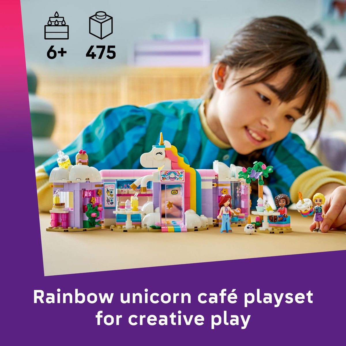 LEGO Friends Unicorn Dream Café turntable cakes support storytelling and interactive pretend serving.
