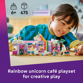 LEGO Friends Unicorn Dream Café turntable cakes support storytelling and interactive pretend serving.