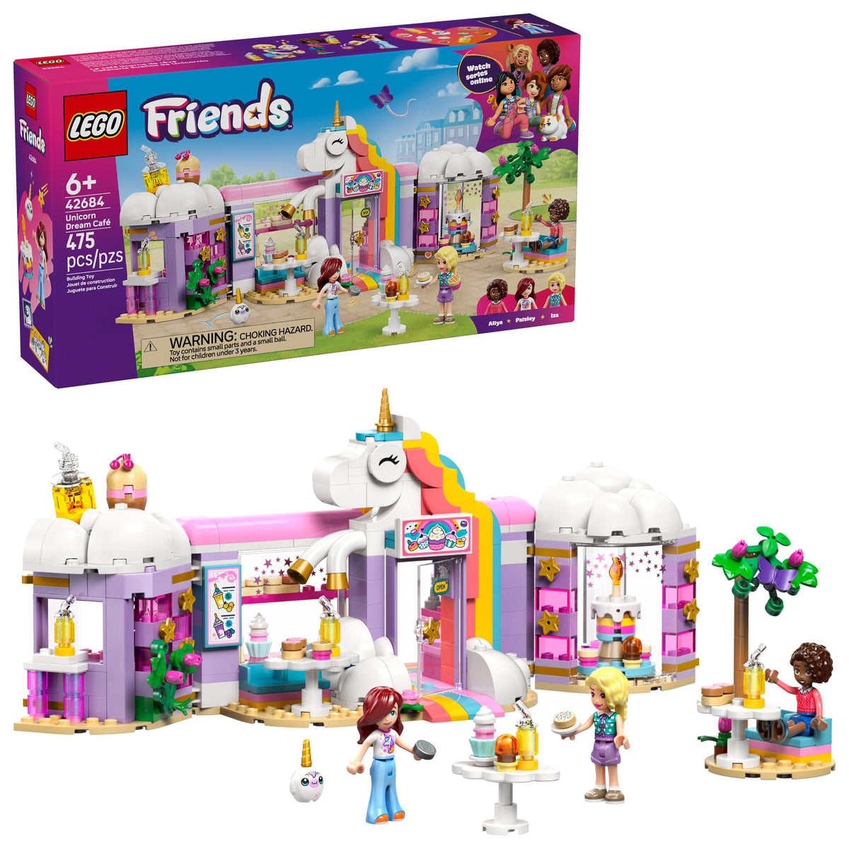 LEGO Friends Unicorn Dream Café window display boosts imaginative play with cupcakes.