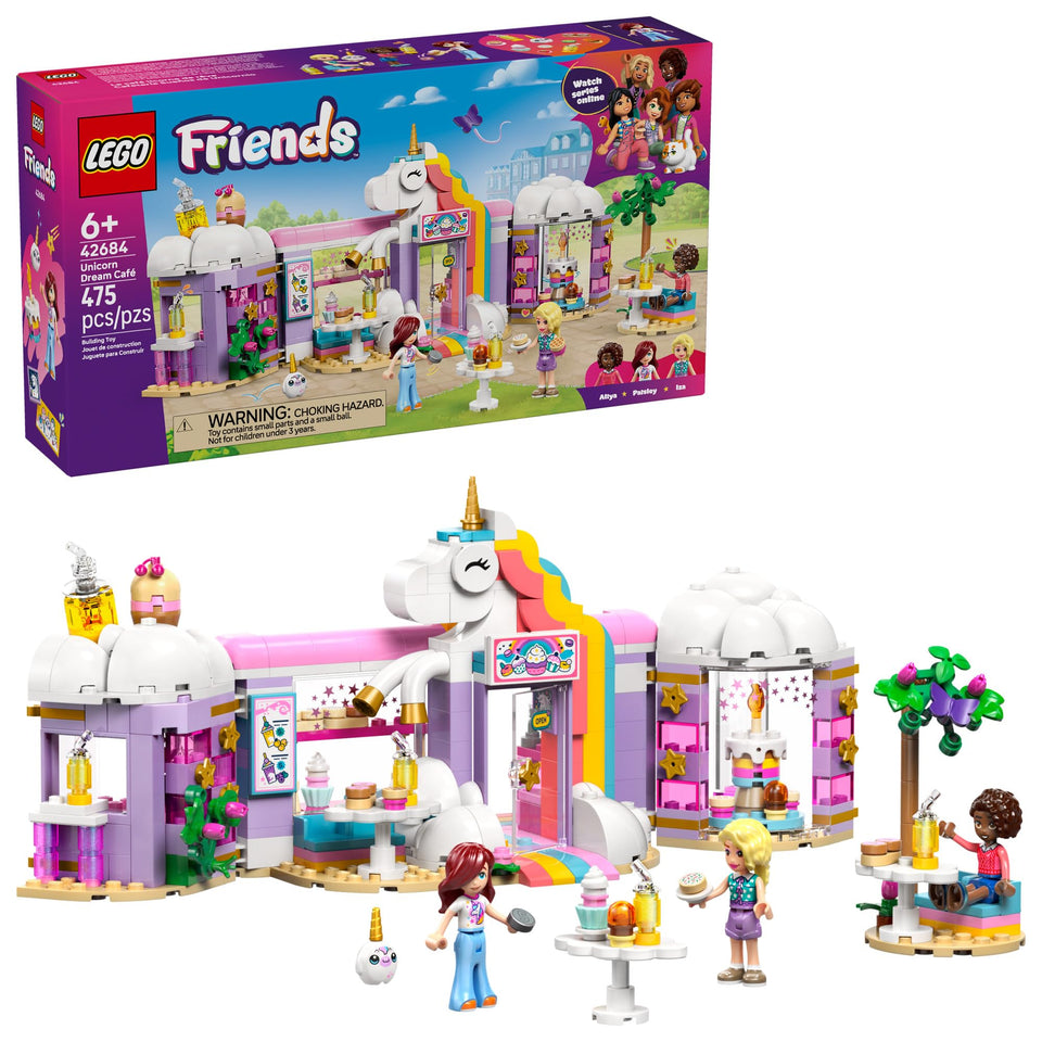 LEGO Friends Unicorn Dream Café window display boosts imaginative play with cupcakes.