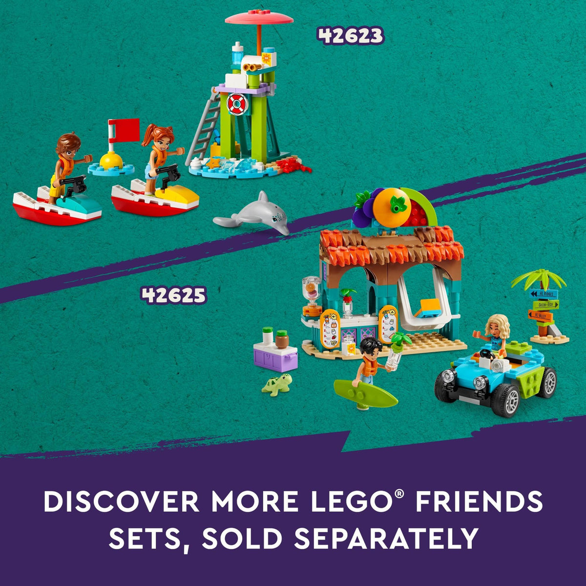 LEGO Friends water park accessories like shower, lockers, snacks for realism.