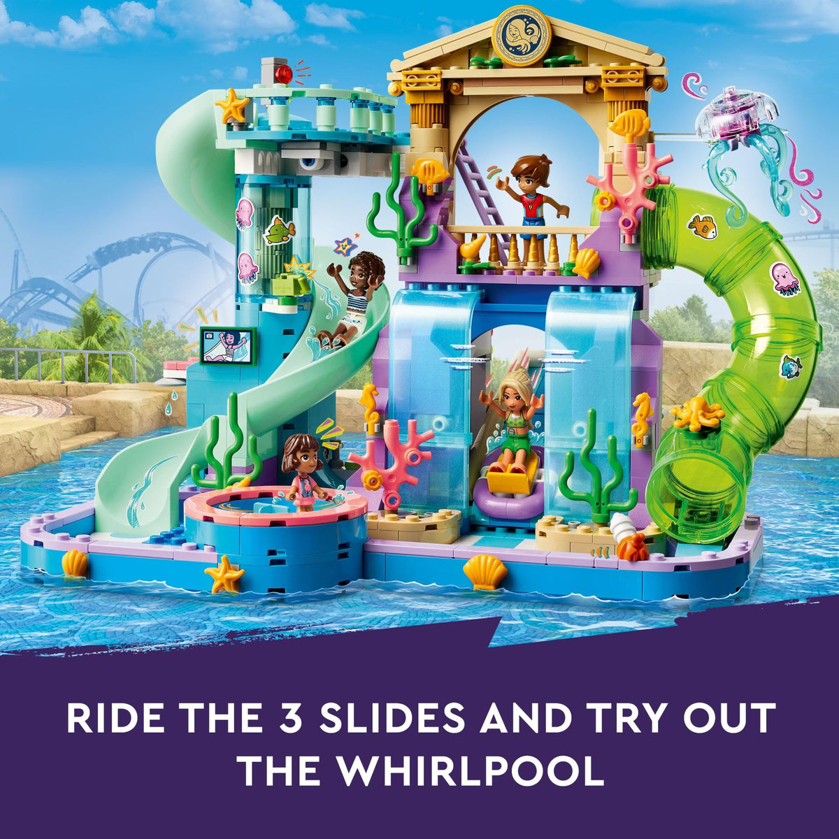 LEGO Friends corkscrew and tube slide for fast-paced water adventures.