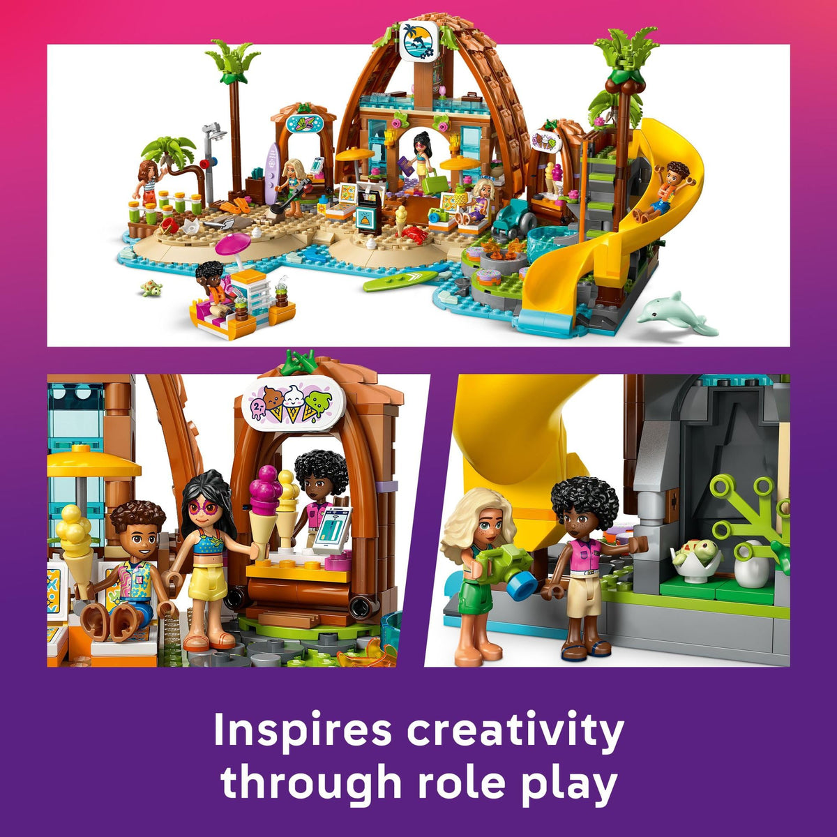 LEGO Friends watersports shop shows surfboards and snorkels for ocean exploration.