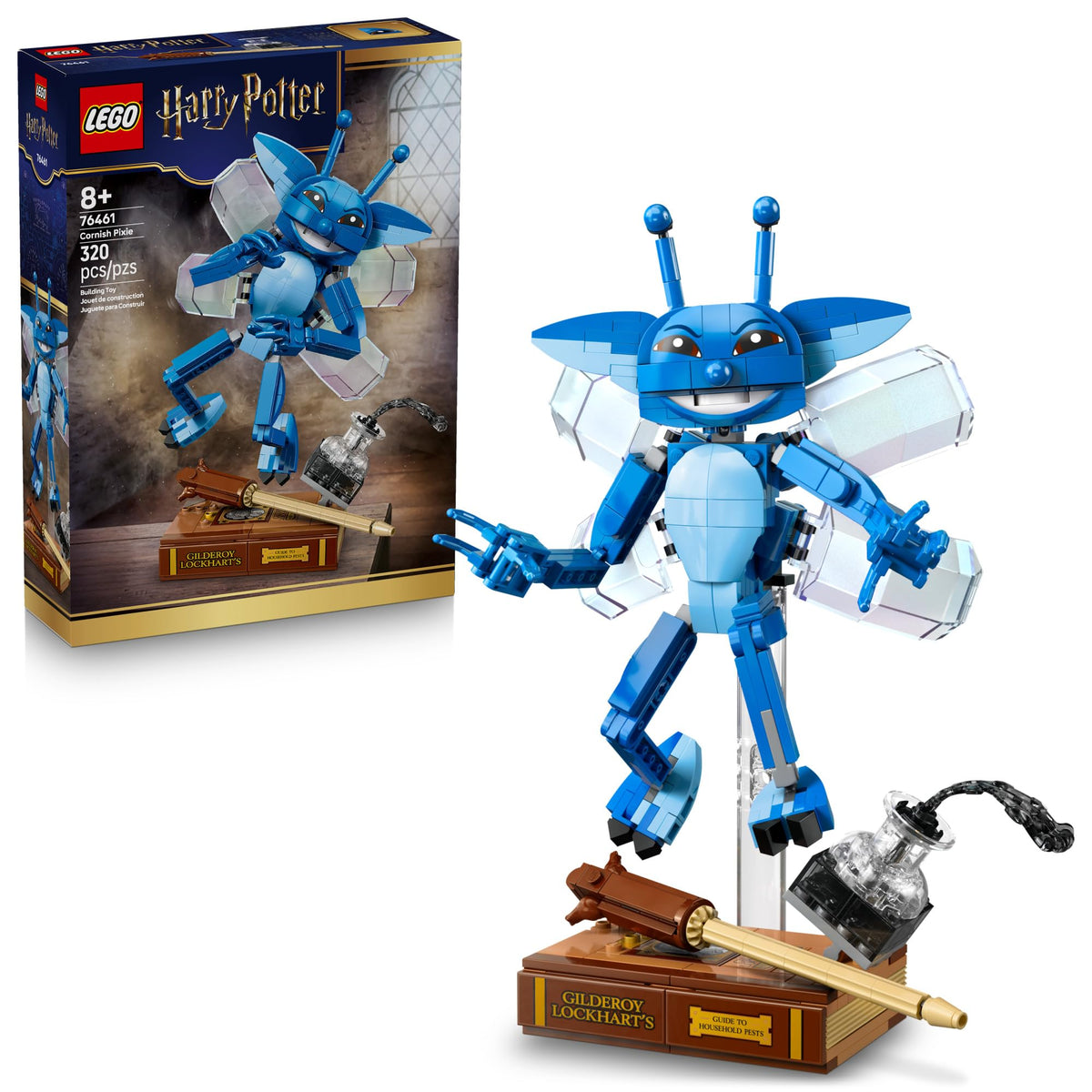 LEGO Harry Potter Cornish Pixie figure on display stand for shelf decor.