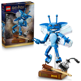 LEGO Harry Potter Cornish Pixie figure on display stand for shelf decor.