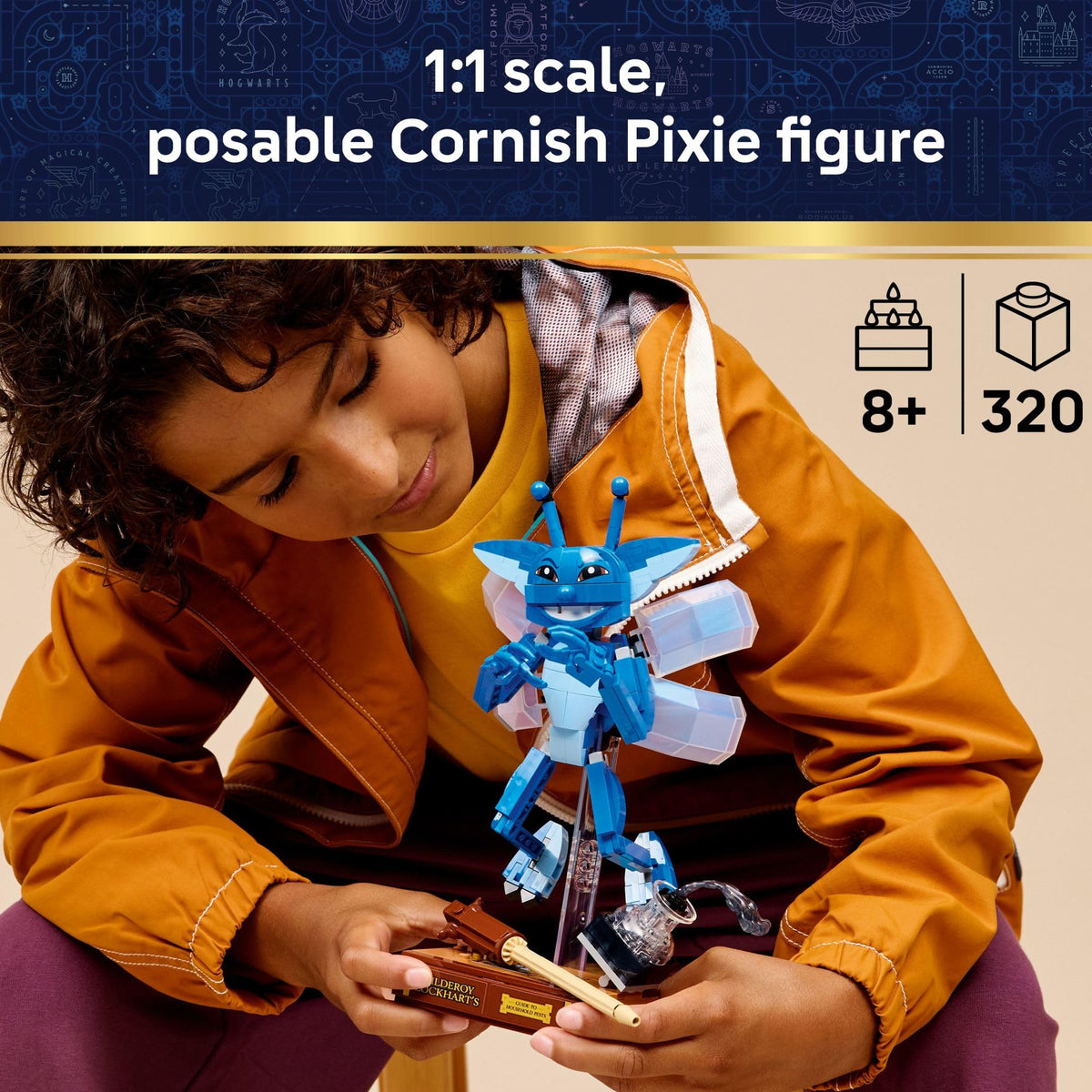 LEGO Harry Potter Cornish Pixie pose on transparent display stand for play.