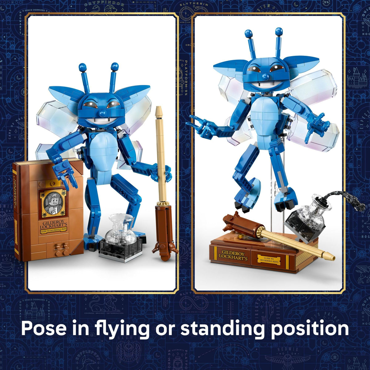 LEGO Harry Potter display stand setup with pixie on shelf.