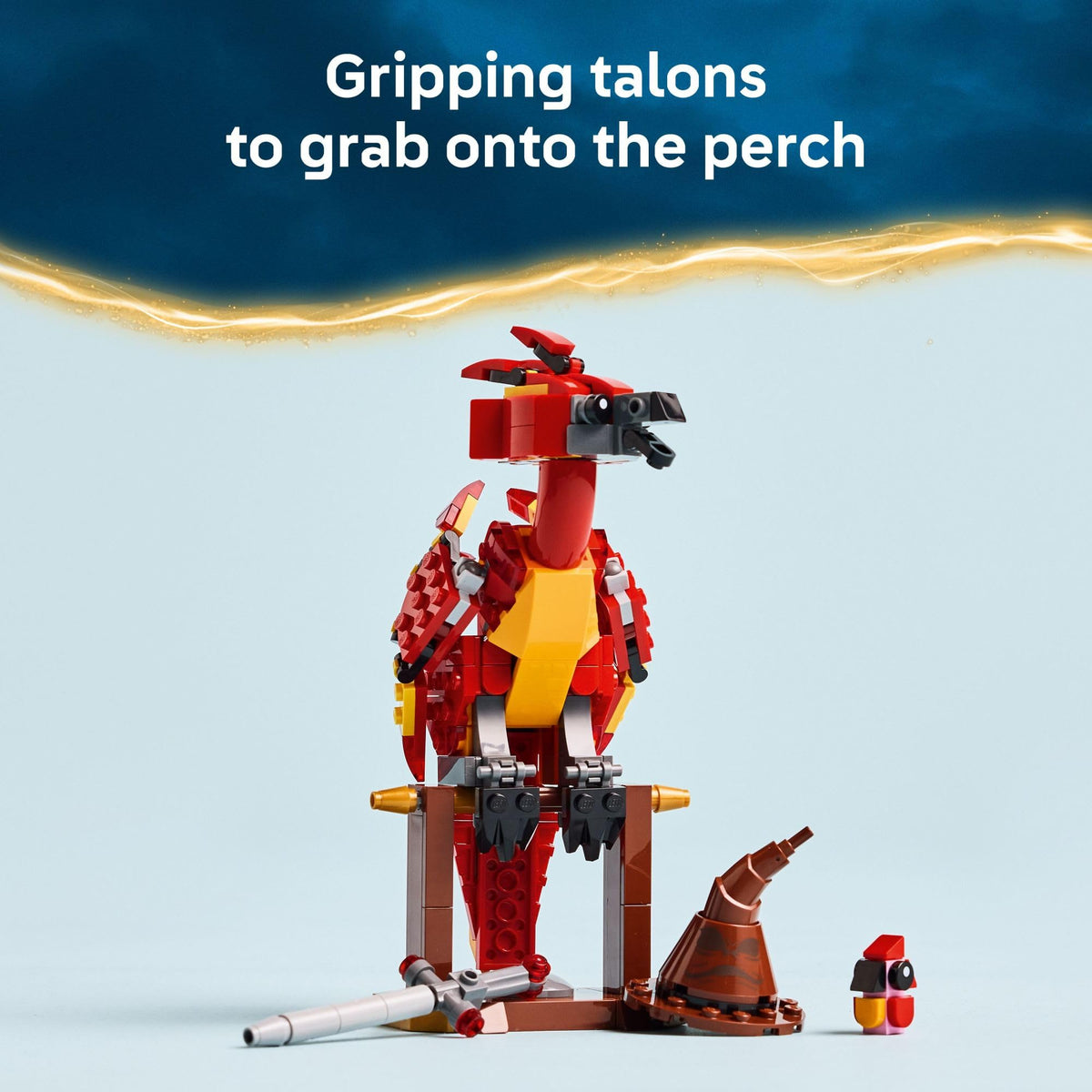 LEGO Harry Potter Fawkes baby figure highlights rebirth moment in stories.