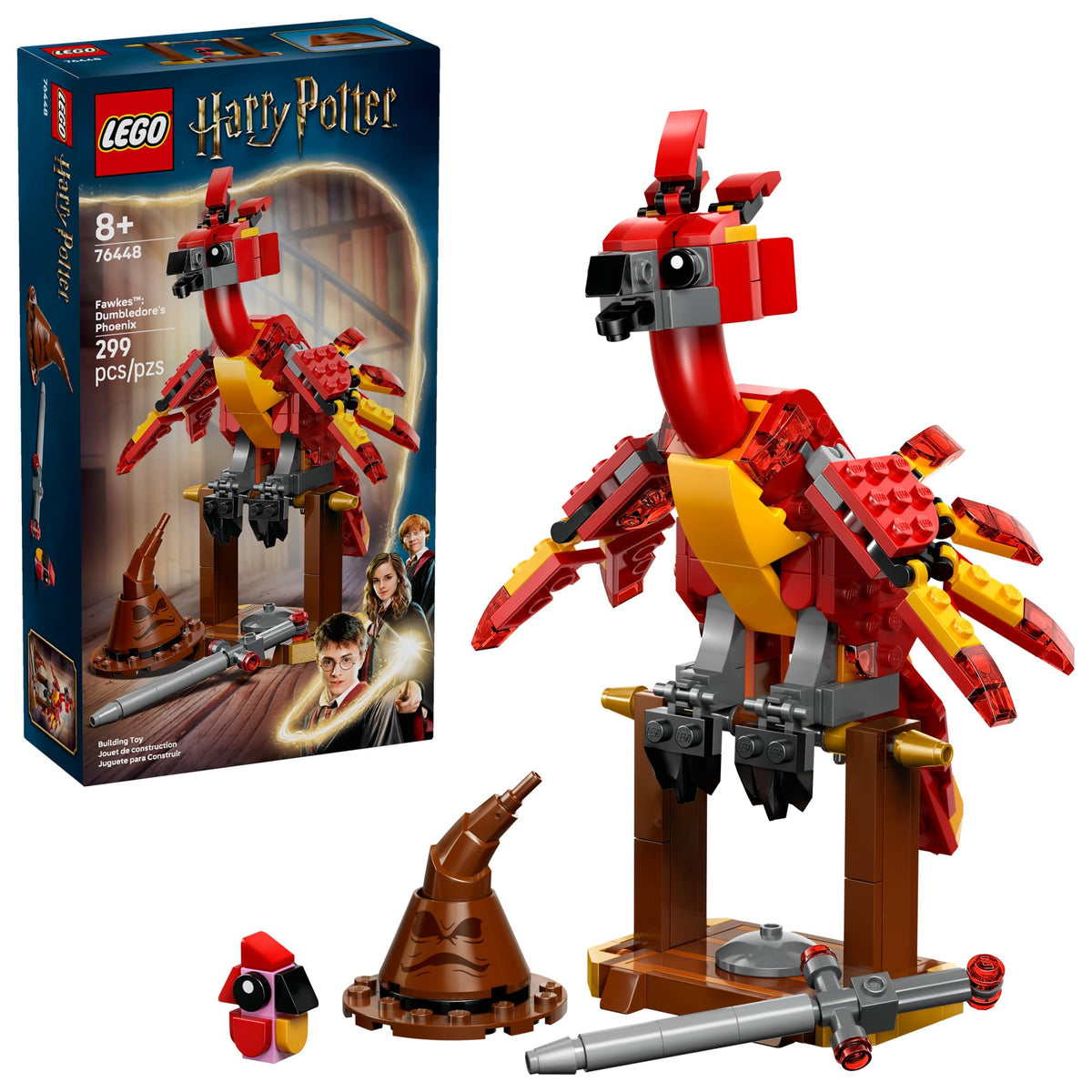 LEGO Harry Potter Fawkes poseable figure with articulated head and wings for dynamic play.