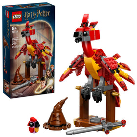 LEGO Harry Potter Fawkes poseable figure with articulated head and wings for dynamic play.
