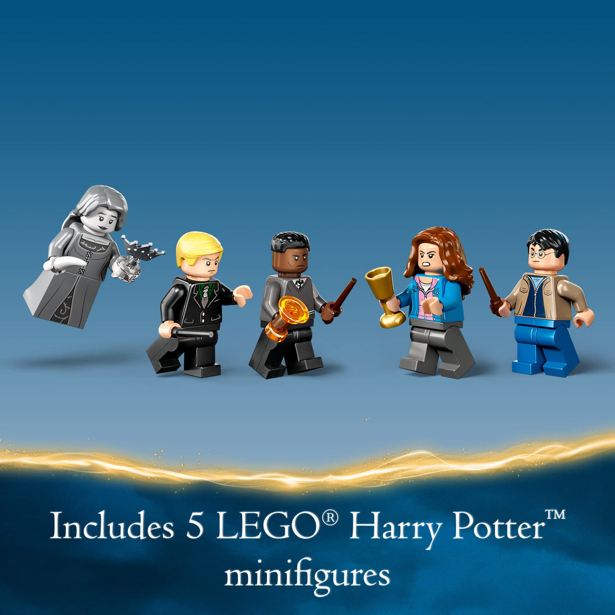 LEGO Harry Potter Harry, Hermione, and Ron minifigs support classic adventures.