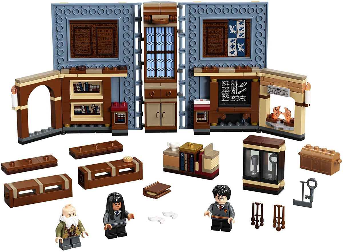 LEGO Harry Potter Hogwarts Moment Charms Class blackboard supports interactive spell practice during play.