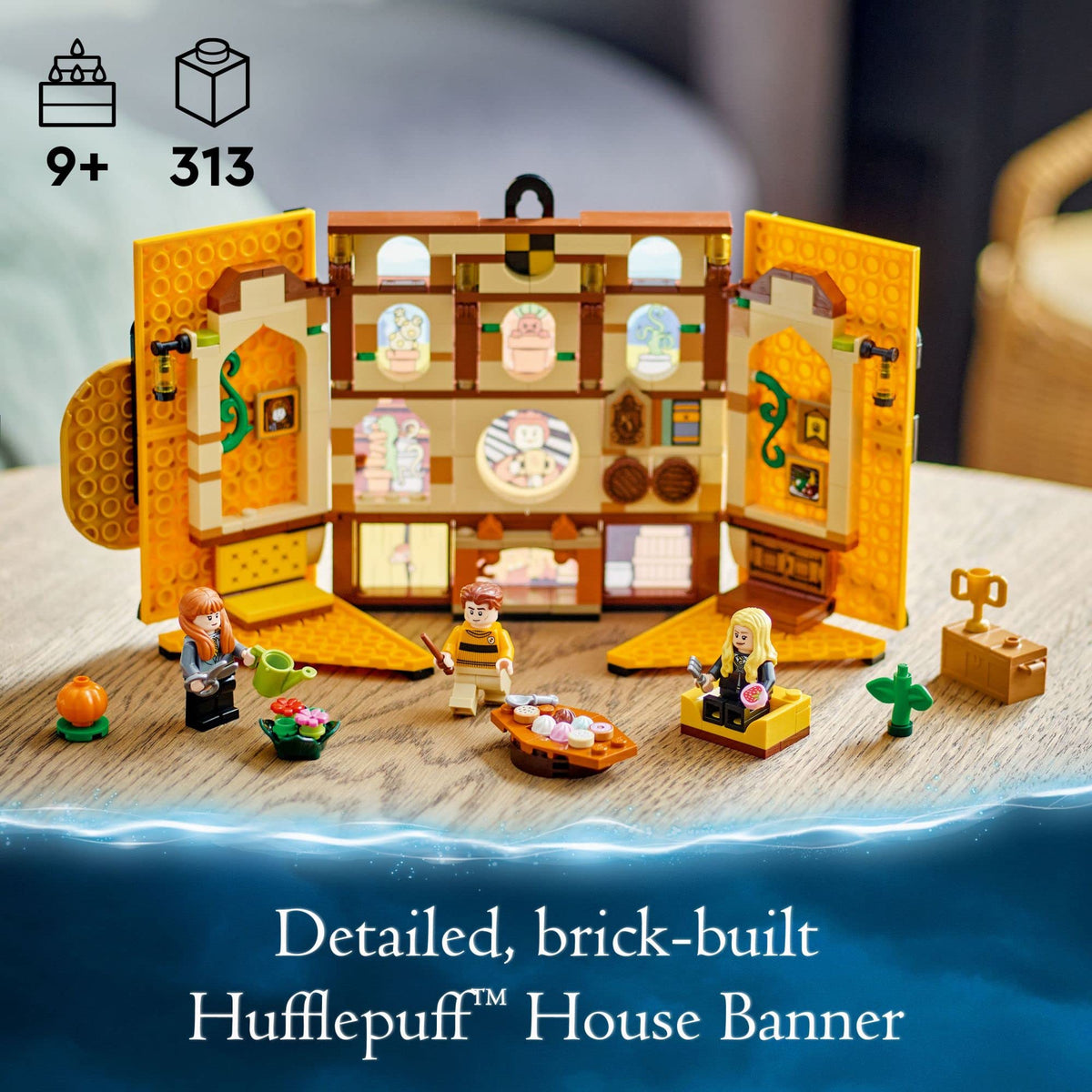 LEGO Harry Potter Hufflepuff banner common room detail highlights plants and cozy furnishings