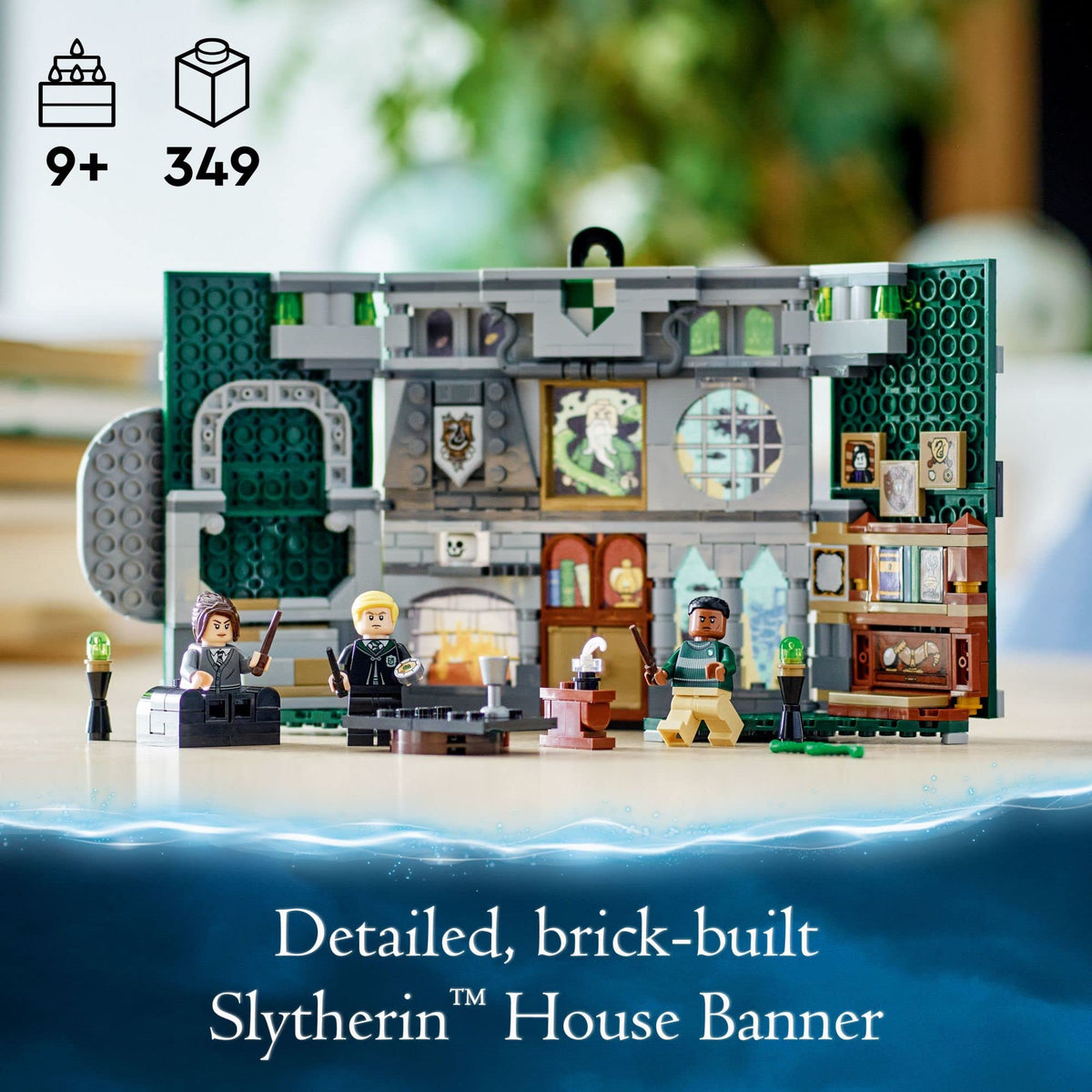 LEGO Slytherin banner wall display with crest for collectible Hogwarts decor