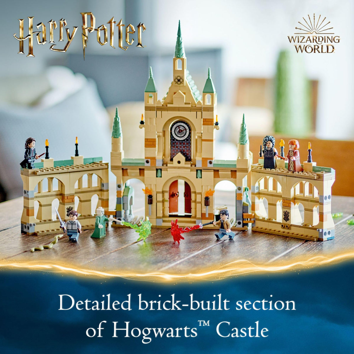 LEGO Harry Potter Voldemort and Harry minifigures with wand spell-casting elements.
