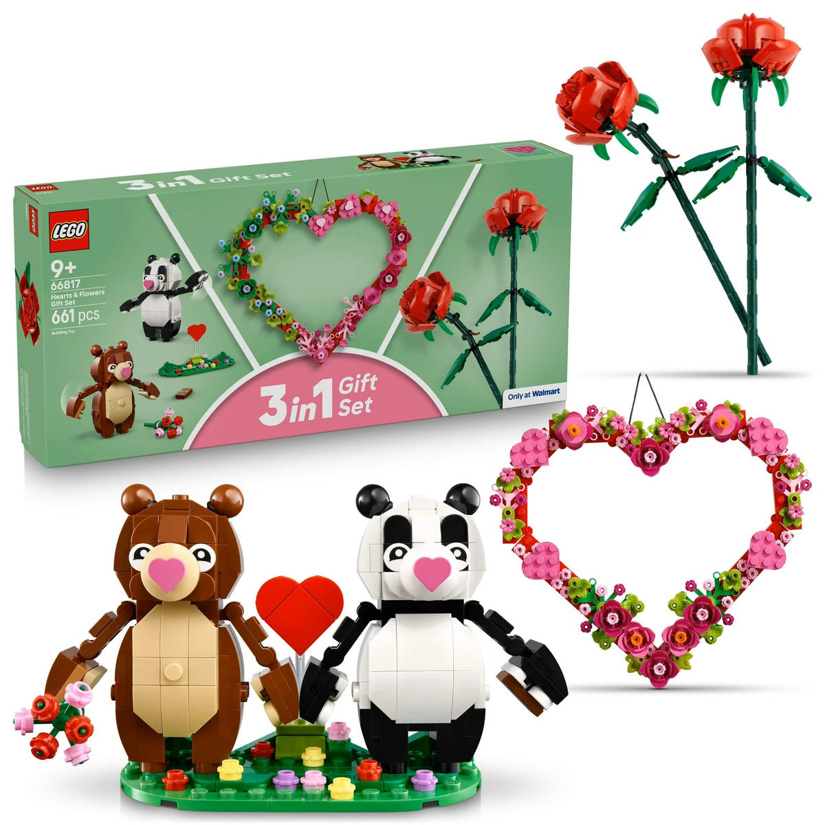 LEGO Hearts & Flowers gift set with three builds for imaginative play and display.