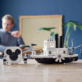 LEGO Ideas 21317 Steamboat Willie paddle wheels rotate for interactive play.