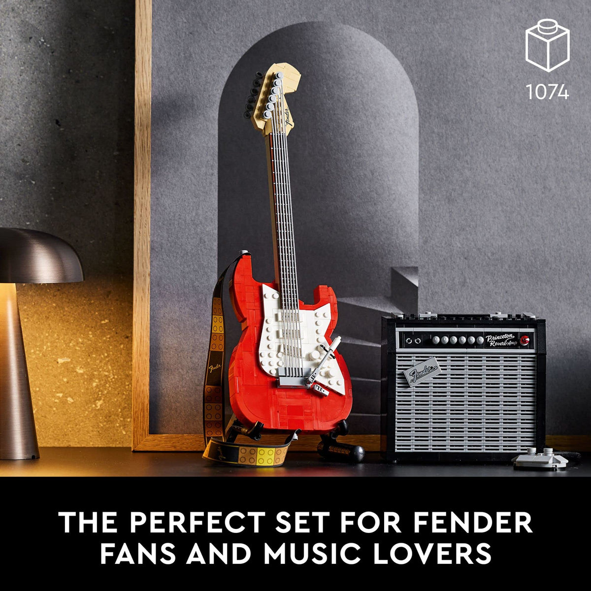 Poseable whammy bar on the Stratocaster replica enables dynamic posing.