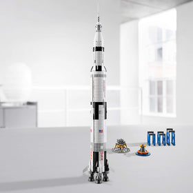 LEGO Ideas Apollo Saturn V display stand with booklet for context