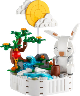 LEGO Jade Rabbit bright yellow moon backdrop enhances display and ambiance.