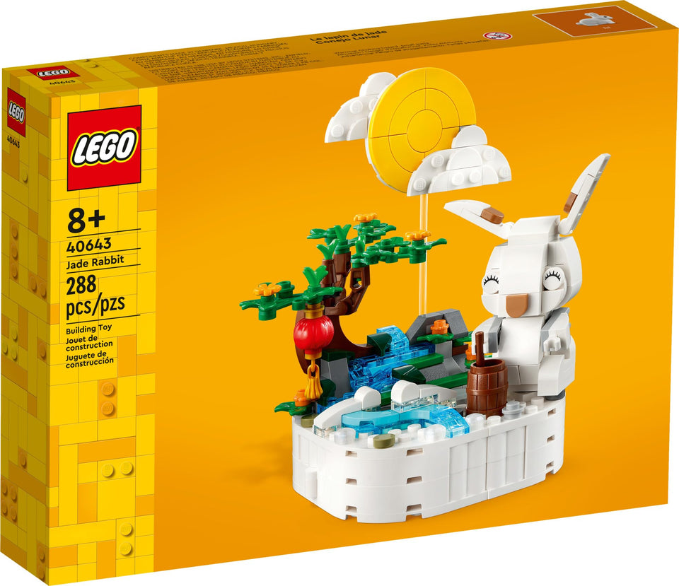 LEGO Jade Rabbit display with moon, ideal festive decor and kids' building fun.
