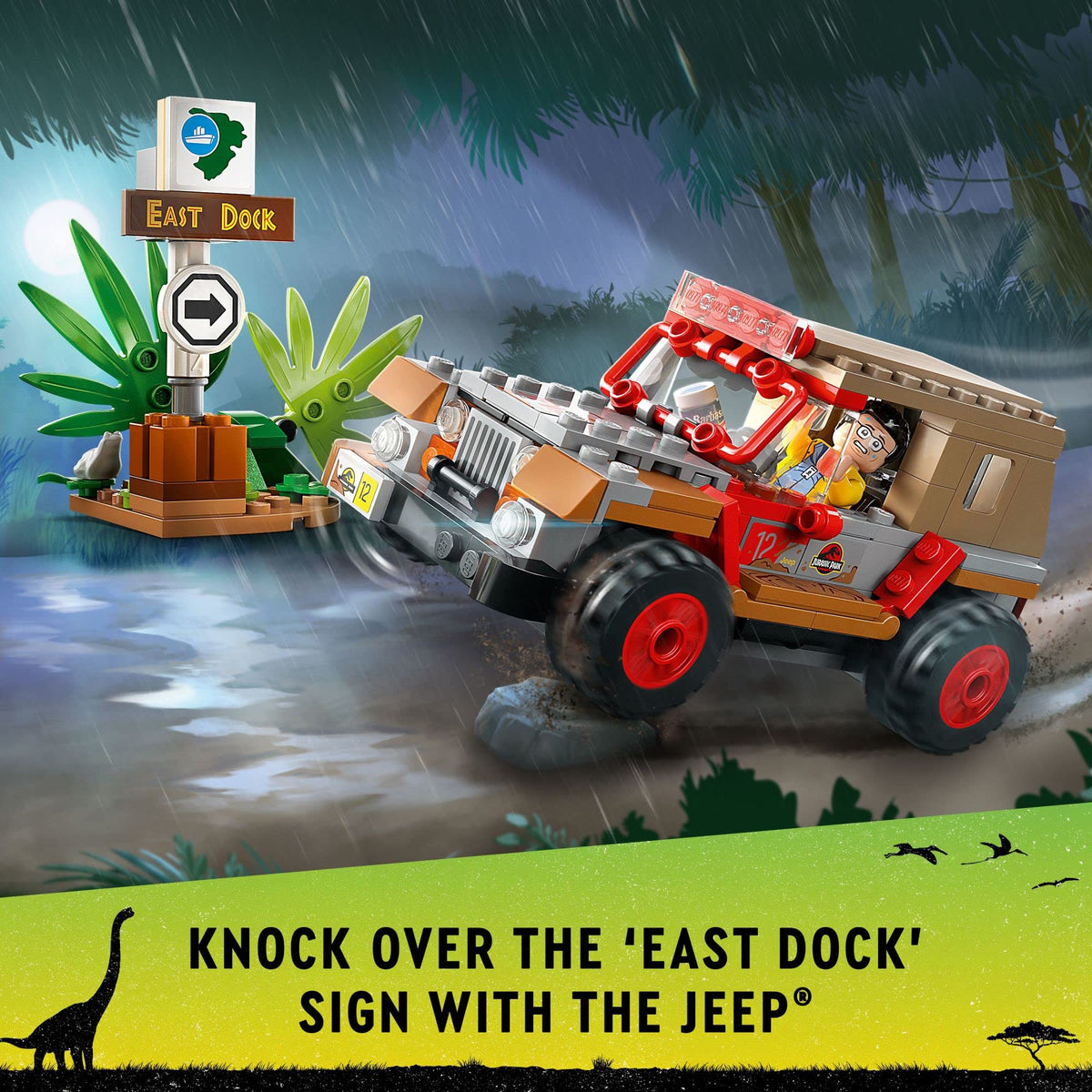 LEGO Jurassic Park Dilophosaurus Ambush dinosaur footprint decor enhances scene depth.