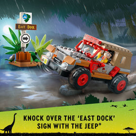 LEGO Jurassic Park Dilophosaurus Ambush dinosaur footprint decor enhances scene depth.