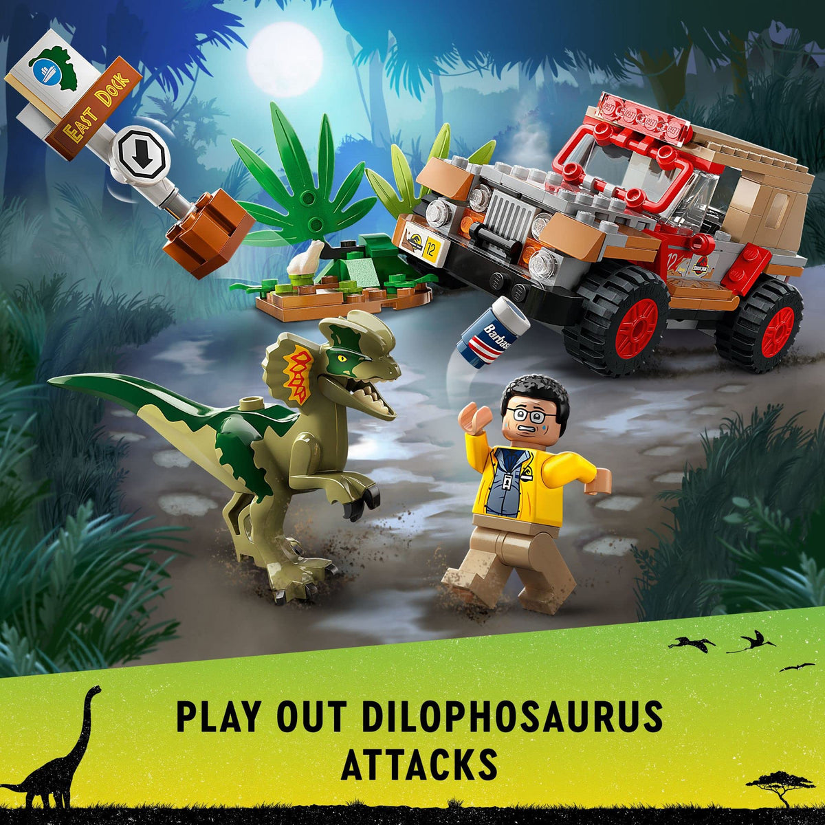 LEGO Jurassic Park Dilophosaurus Ambush muddy minifigure adds rugged play texture.