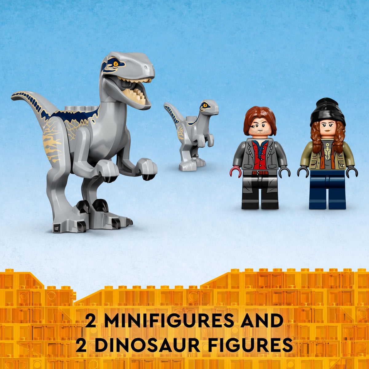 LEGO Jurassic World Blue dinosaur figure for dynamic scenes.