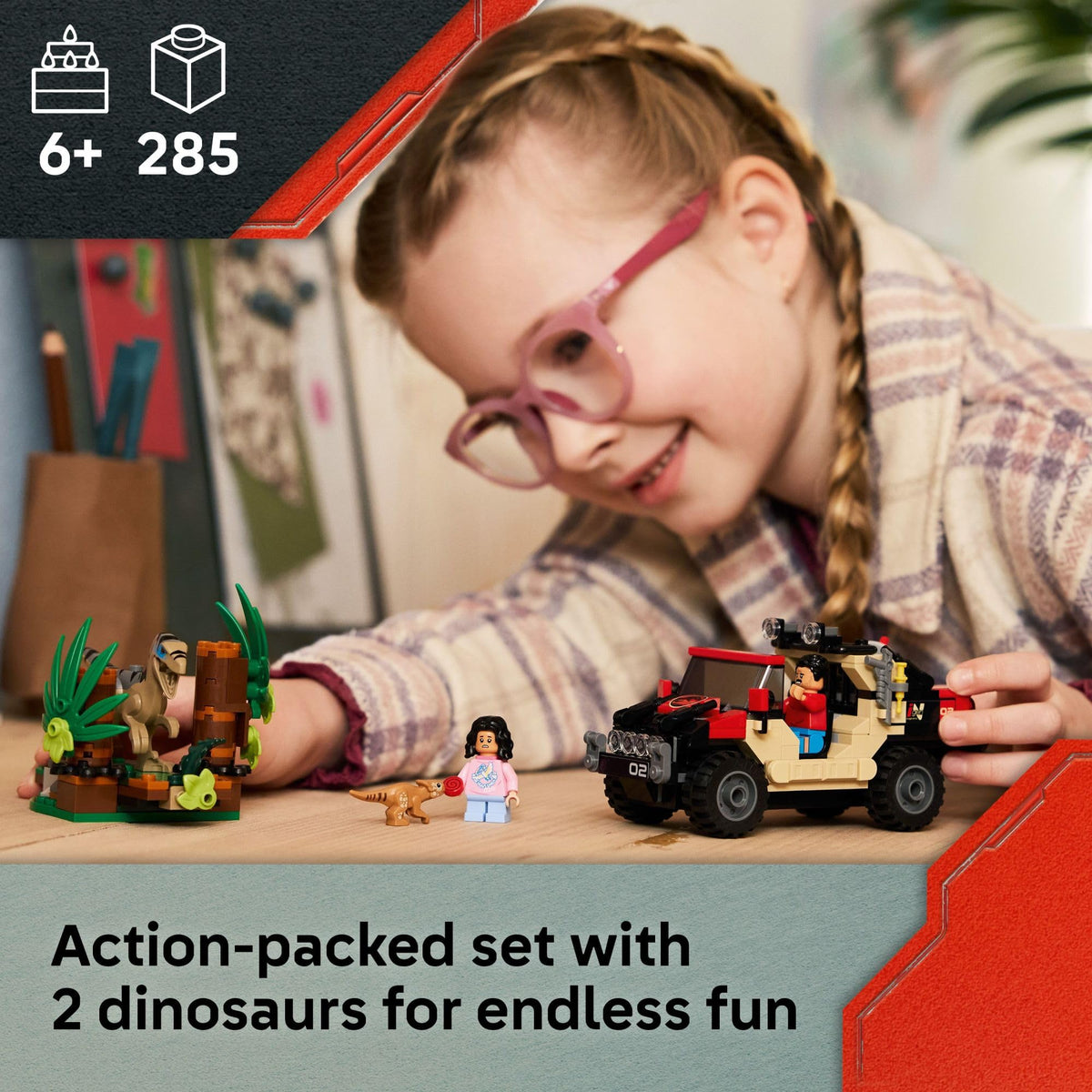 LEGO Jurassic World Velociraptor leaps during a dino-chase playtime