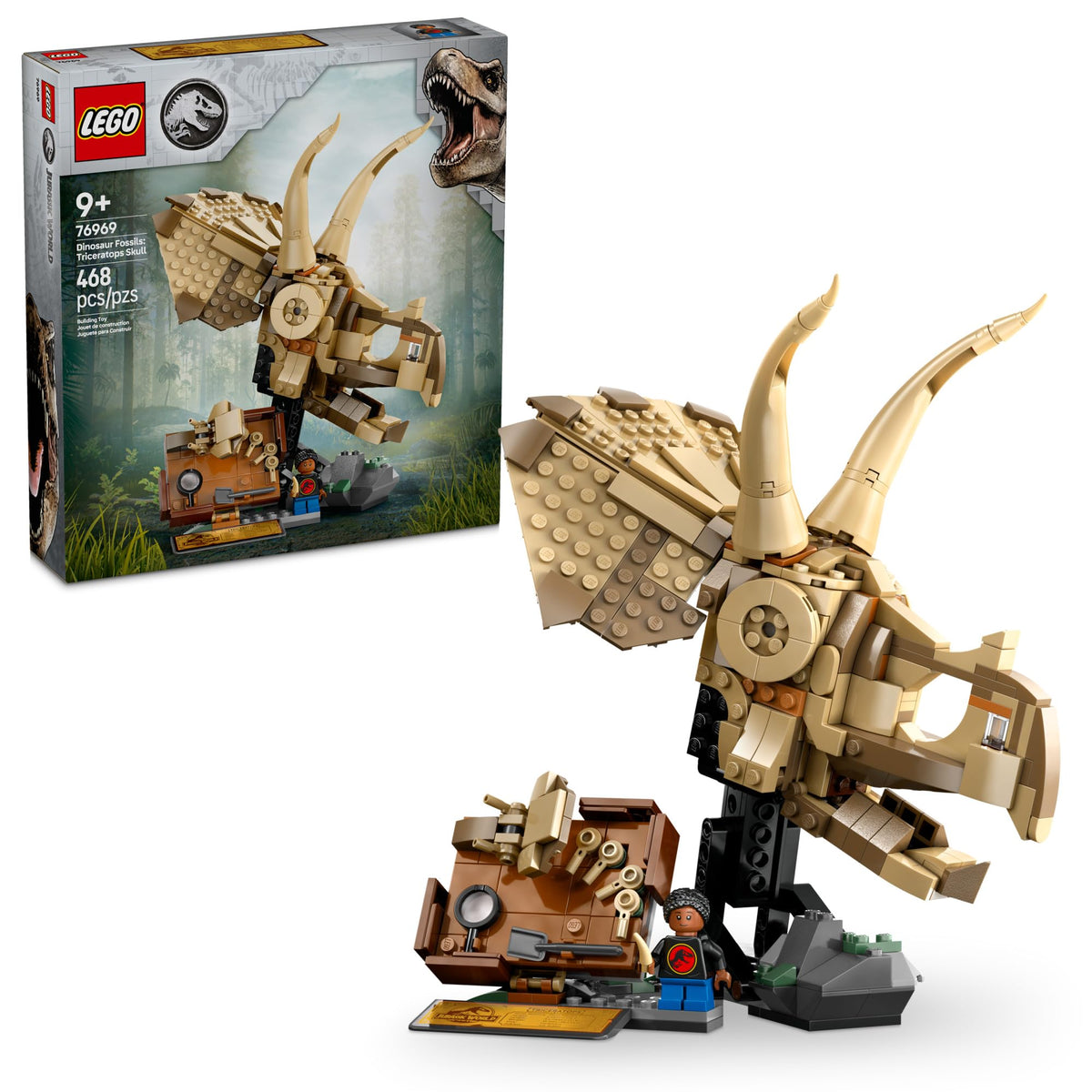 LEGO Jurassic World Triceratops skull front view for display and storytelling.