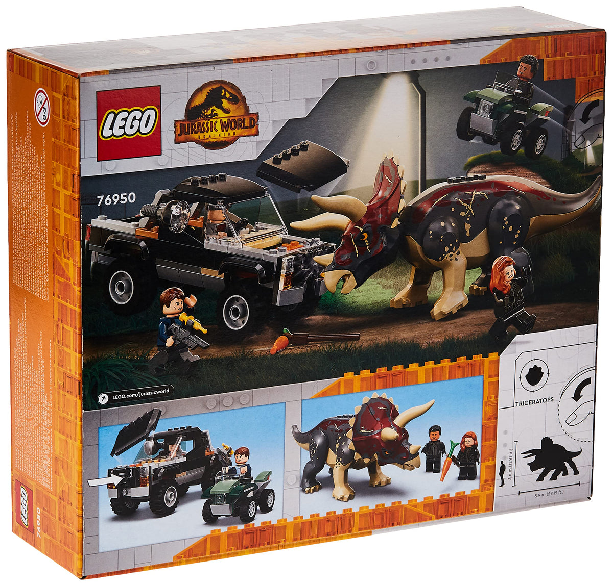 LEGO Jurassic World Triceratops Truck Attack action scene with four minifigures and dinosaur.