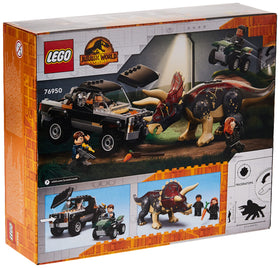 LEGO Jurassic World Triceratops Truck Attack action scene with four minifigures and dinosaur.