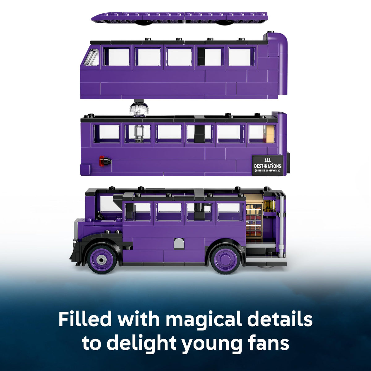 LEGO Knight Bus interior with moving beds and swinging chandelier in action