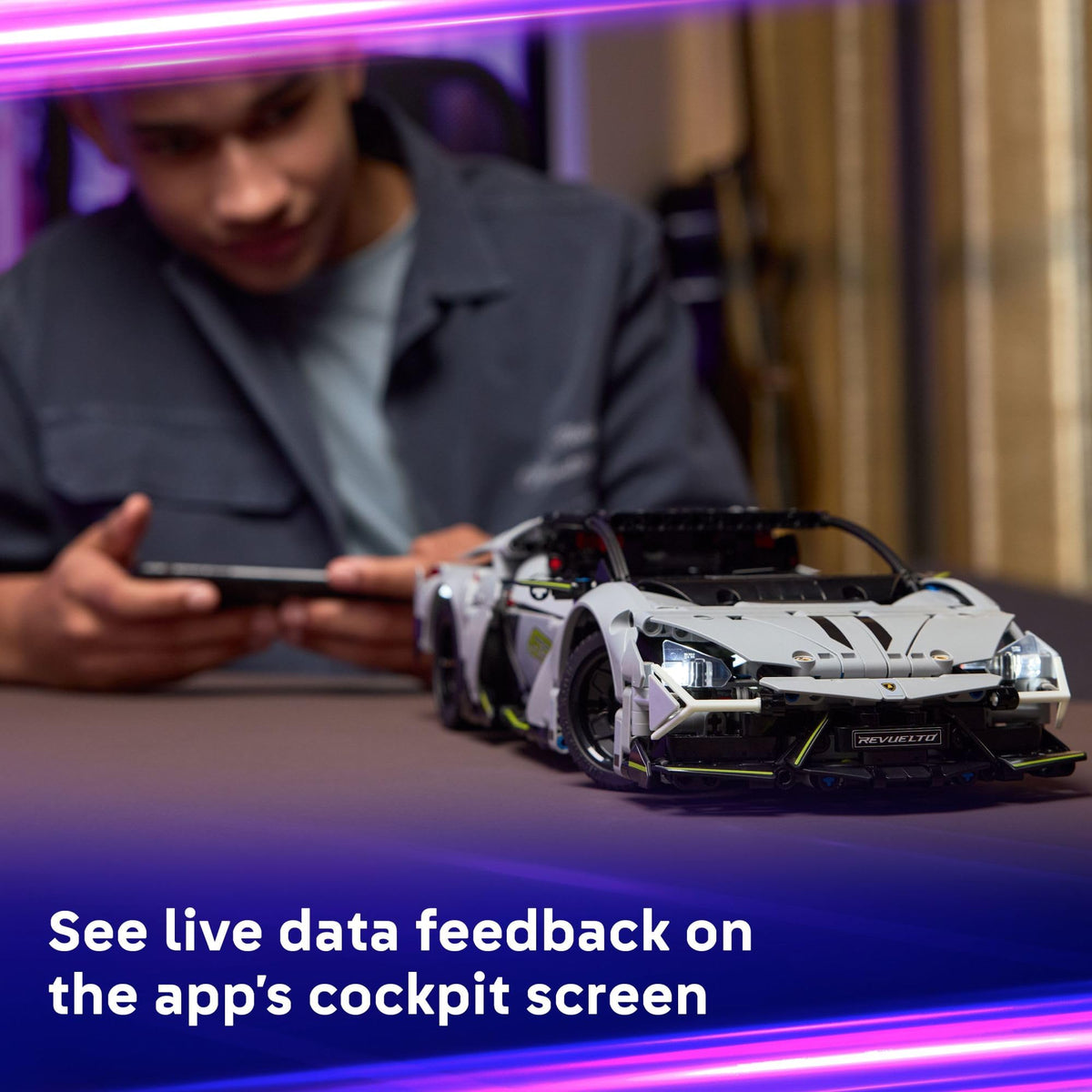 LEGO Lamborghini Revuelto control app enables digital steering and data.