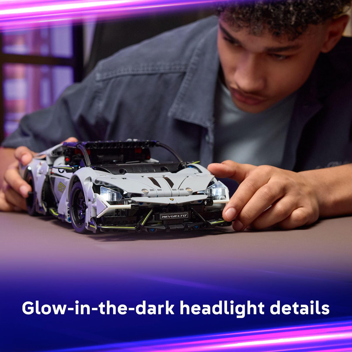 LEGO Lamborghini Revuelto glow headlights for night-time play.